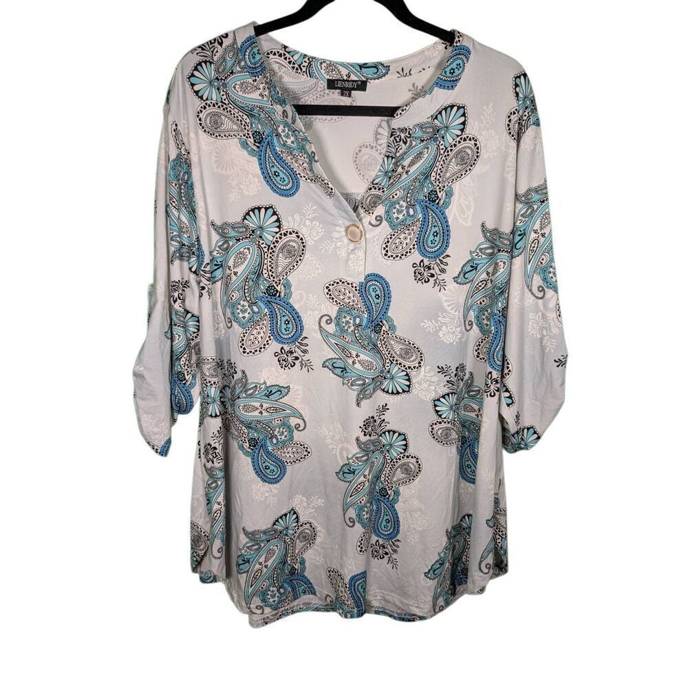 Lienridy Paisley Print 3/4 Sleeve V Neck Stretch Casual Tunic Women's Top 2XL
